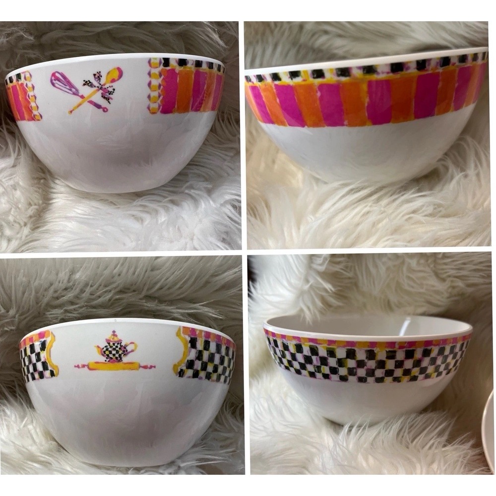MacKenzie-Childs Style Melamine Mixing Bowls Teapot Utensils Checkered 2 Set